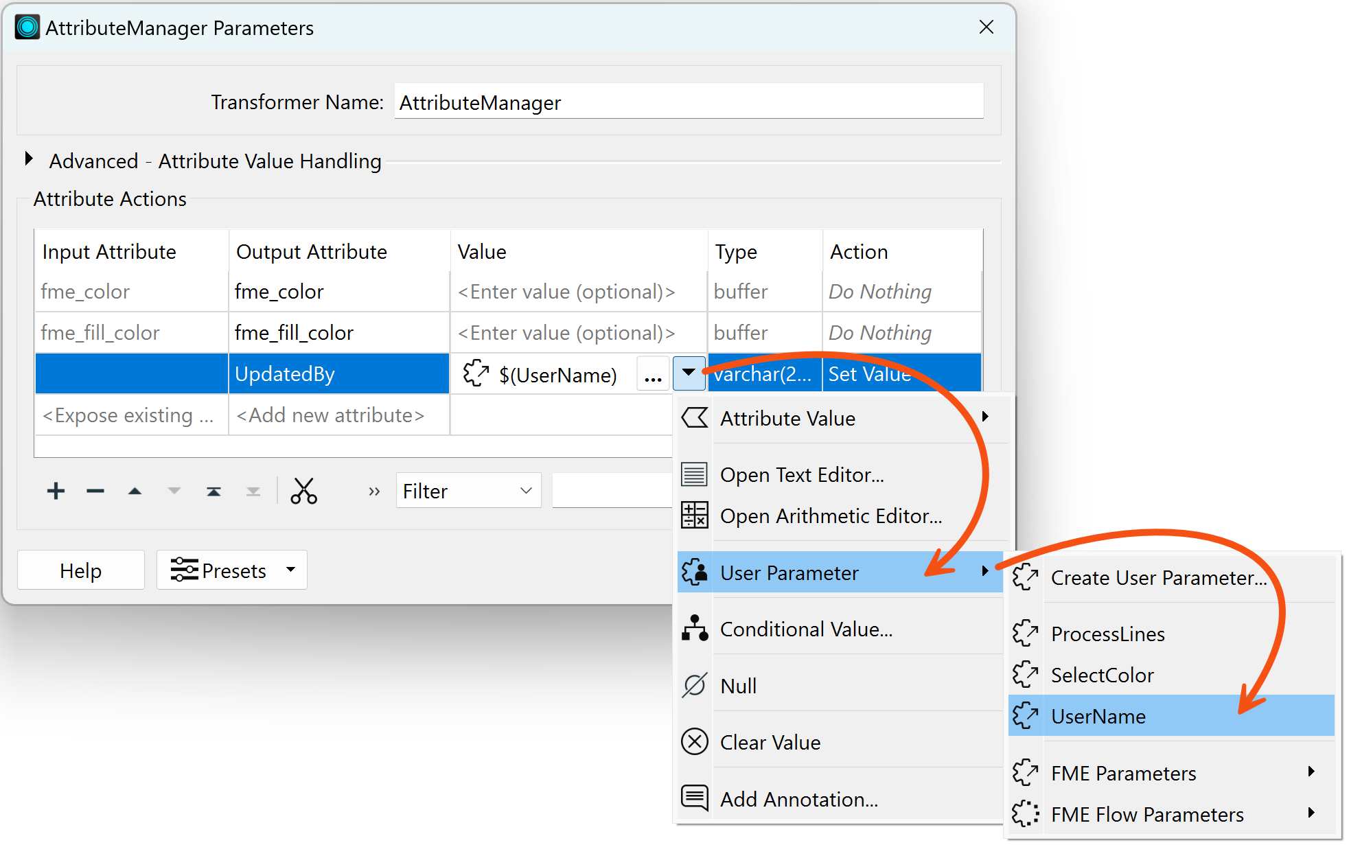 Supplying a value to a transformer parameter with a user parameter
